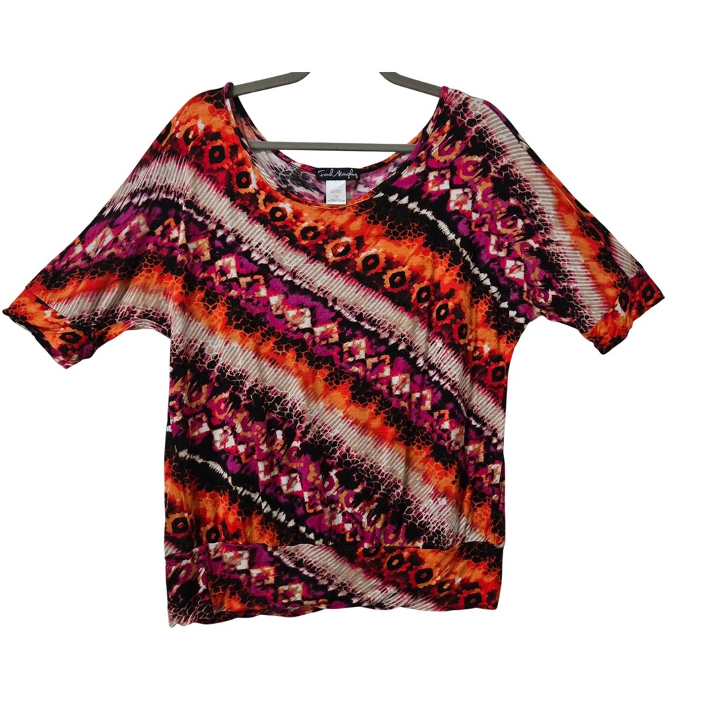 French Atmosphere Womens 1X Artsy Multicolor Abstract Print Rayon Banded Hem Top